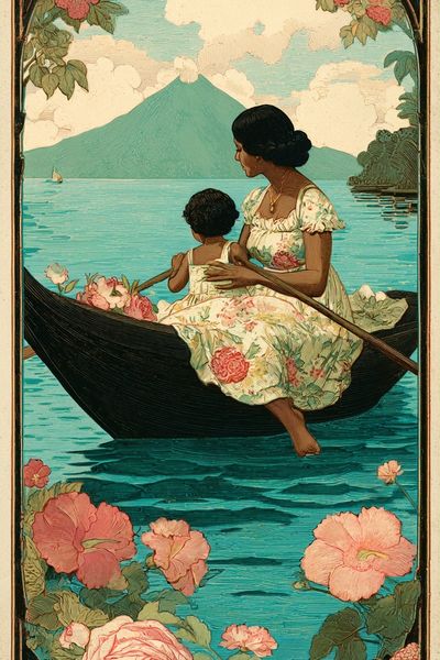 Floral Lake Voyage Vintage Print.