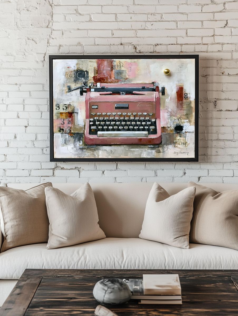 Pink Typewriter Vintage Print. room preview