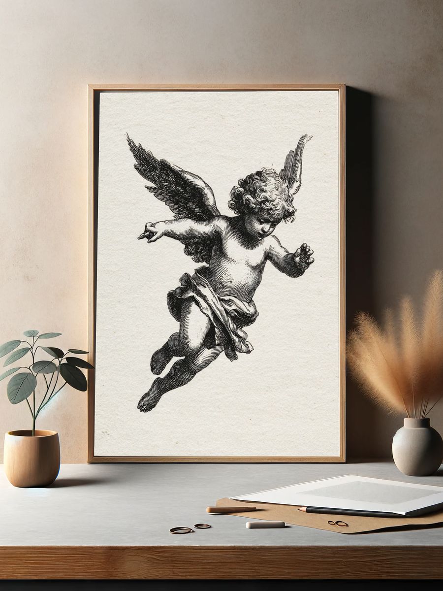 Cherub Engraving Vintage Print. — room view 2