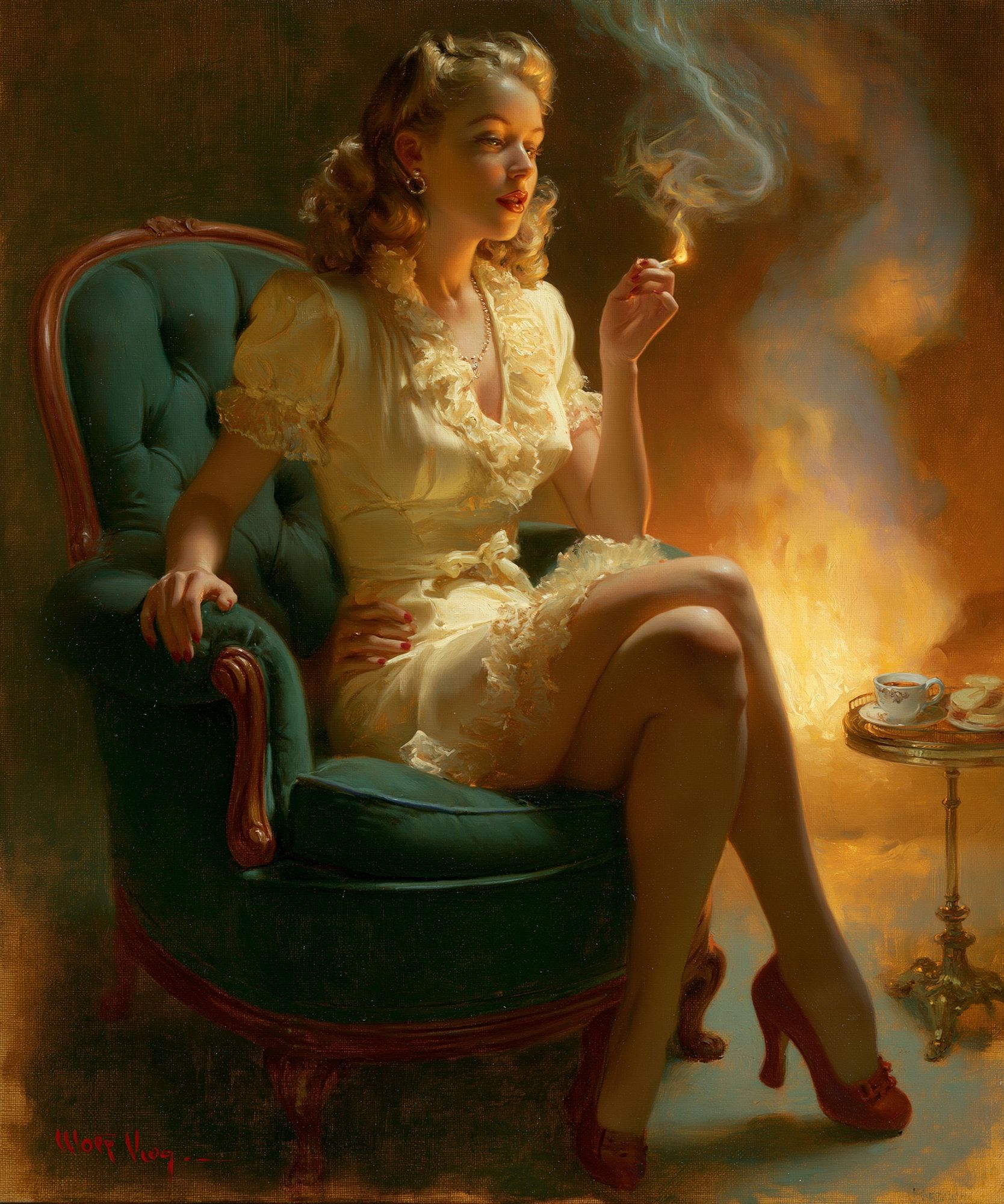 Vintage Pin-Up Woman Smoking Print. poster detail