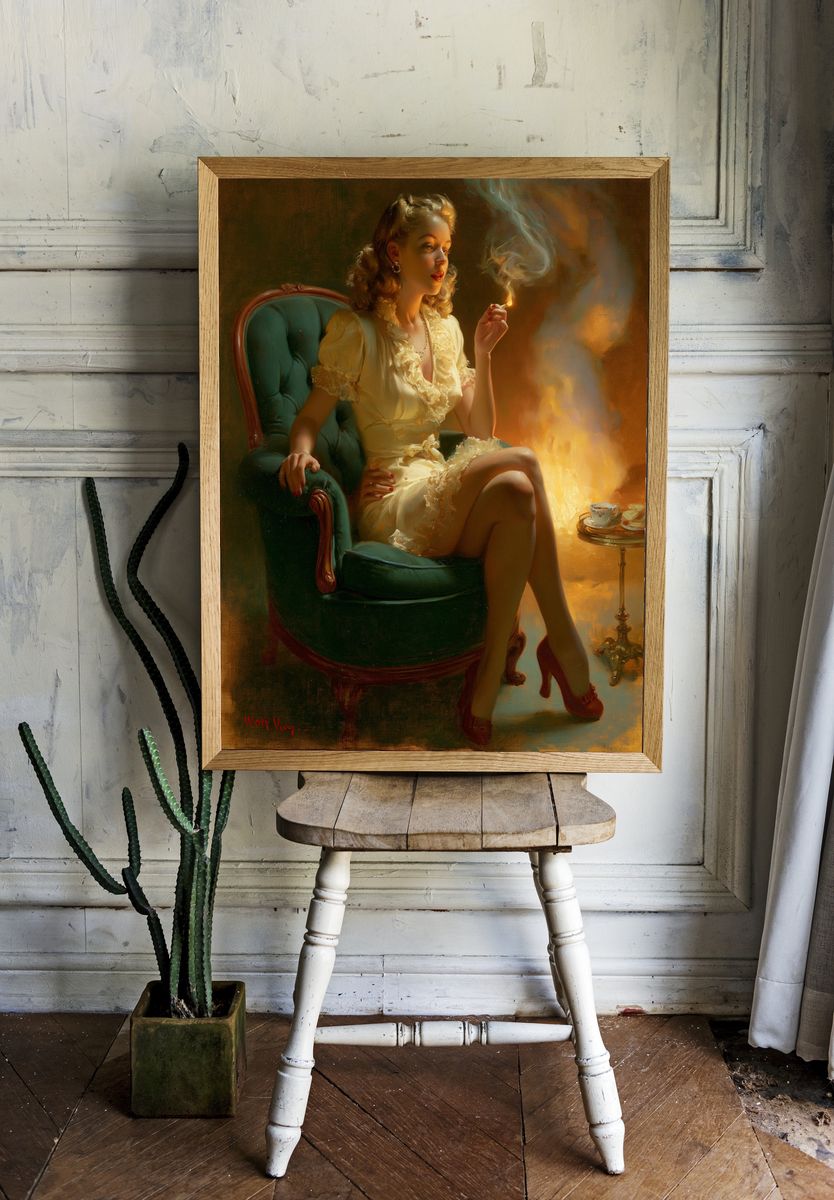 Vintage Pin-Up Woman Smoking Print. room preview
