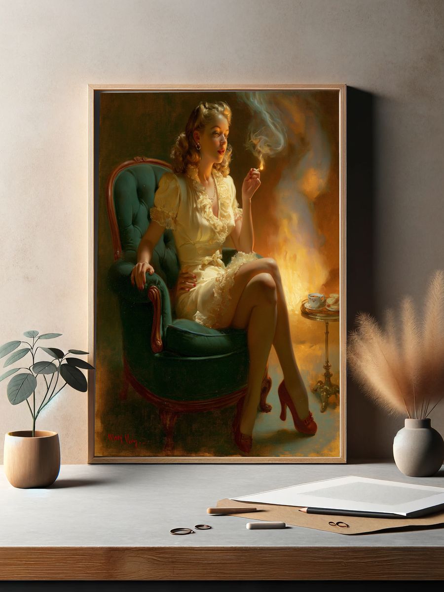 Vintage Pin-Up Woman Smoking Print. — room view 2