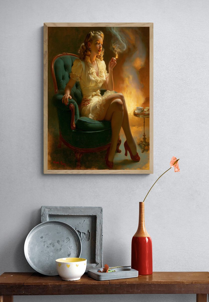 Vintage Pin-Up Woman Smoking Print. — room view 3