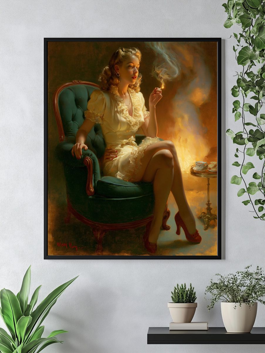 Vintage Pin-Up Woman Smoking Print. — room view 4
