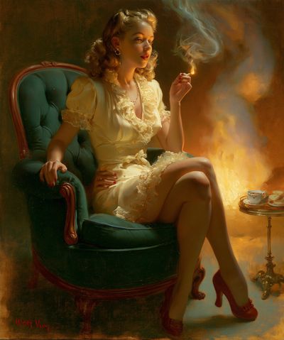 Vintage Pin-Up Woman Smoking Print.