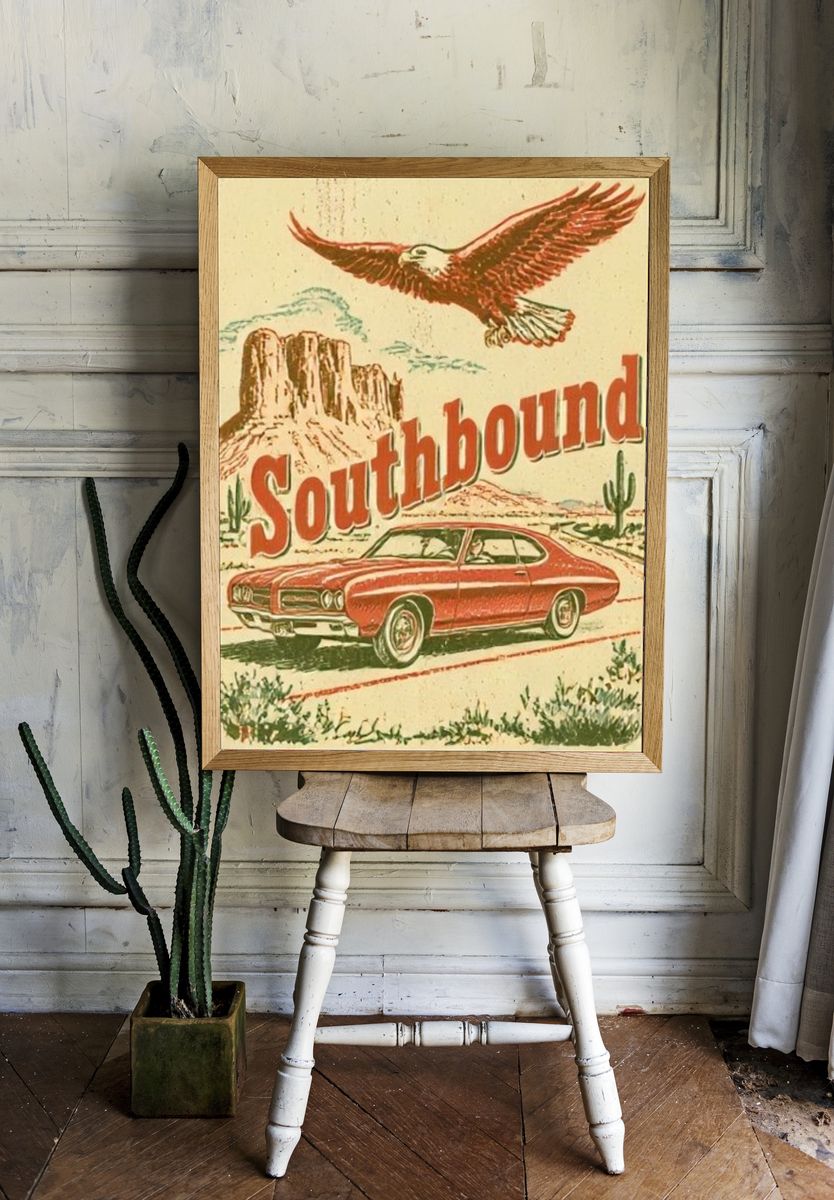 Southbound Desert Car Vintage Poster. room preview