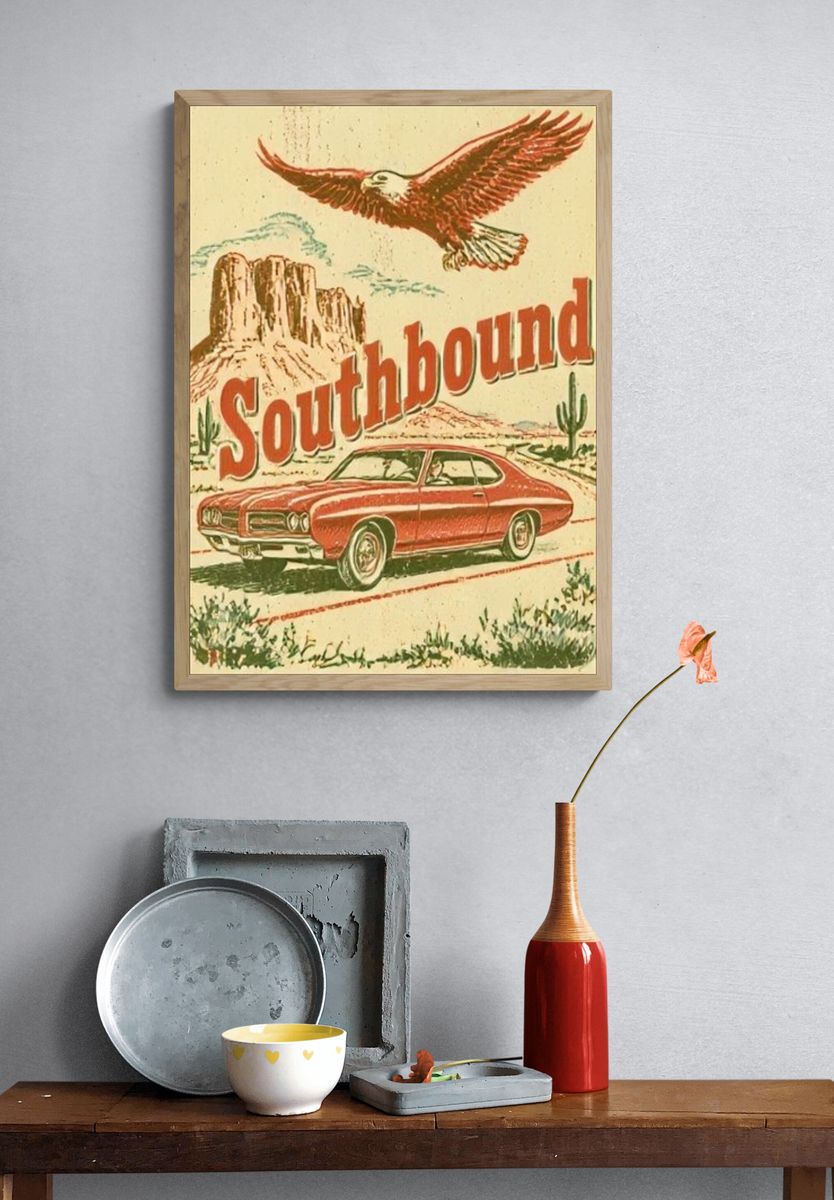 Southbound Desert Car Vintage Poster. — room view 3