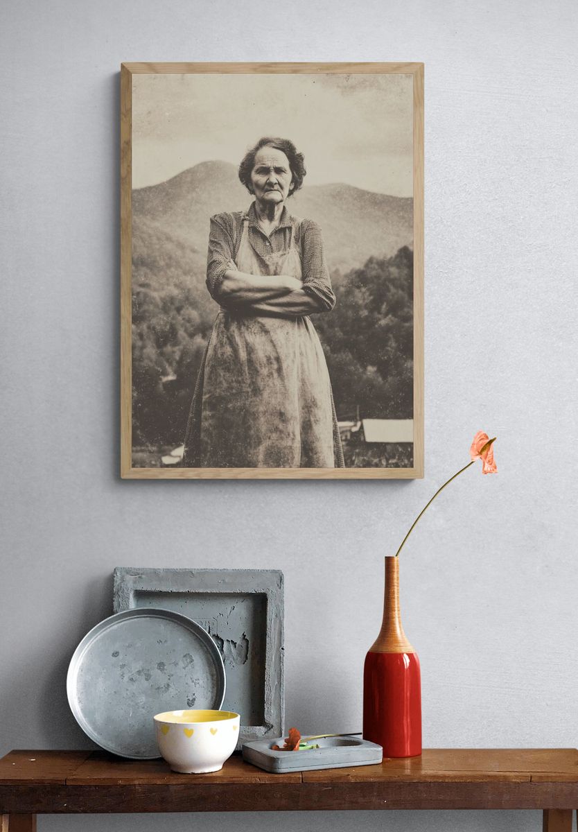 Vintage Farm Woman Portrait Print. — room view 3