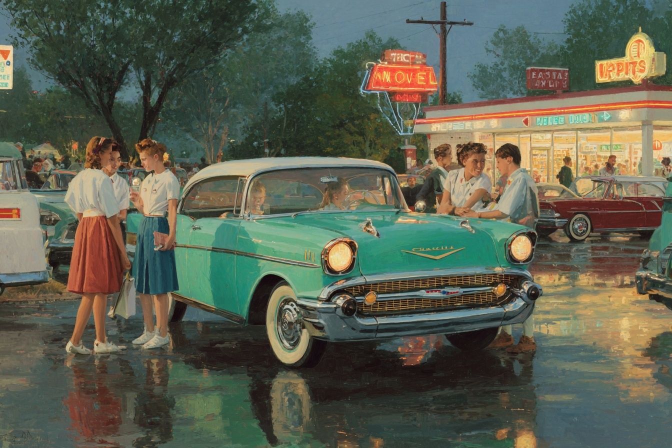 Drive-In Night Scene Vintage Poster. poster detail