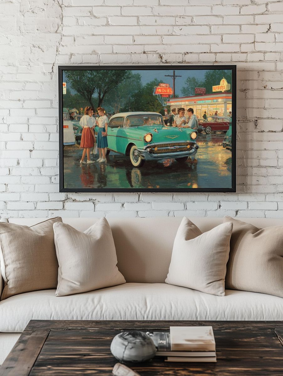 Drive-In Night Scene Vintage Poster room preview