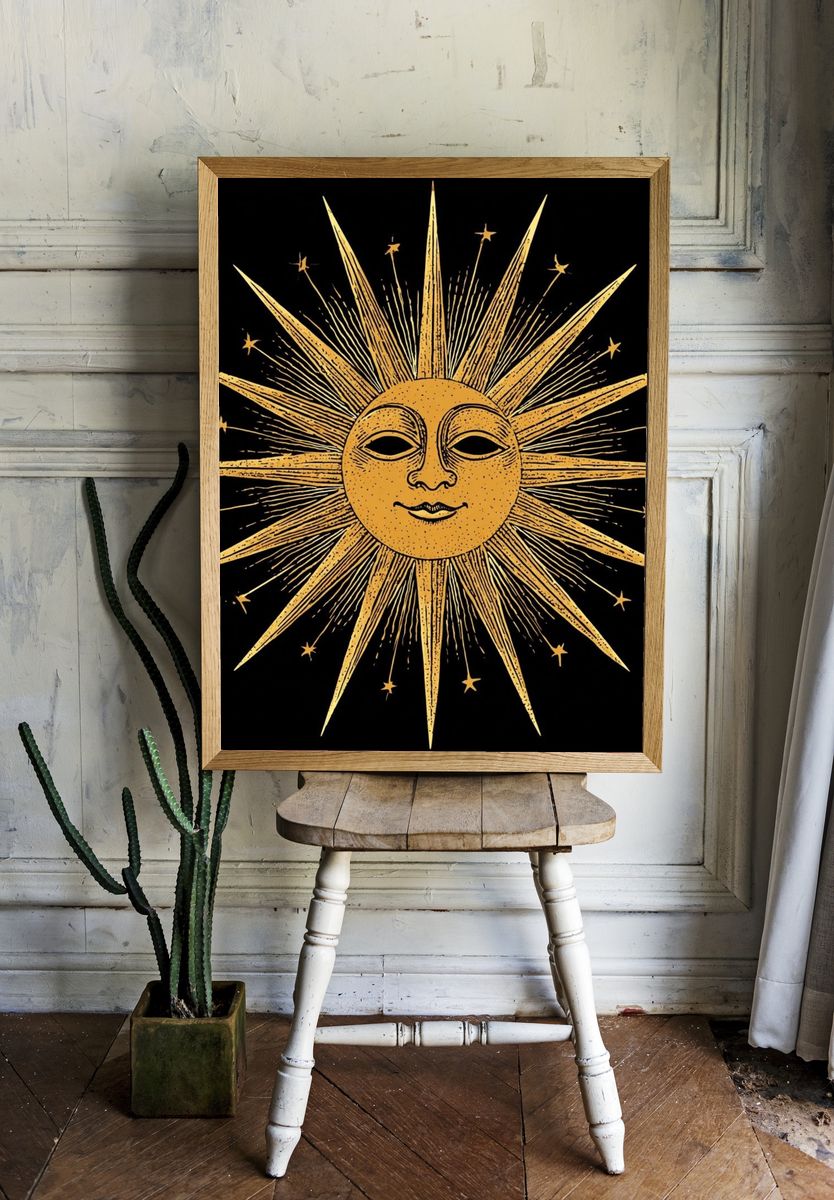 Celestial Sun Face Vintage Print. room preview