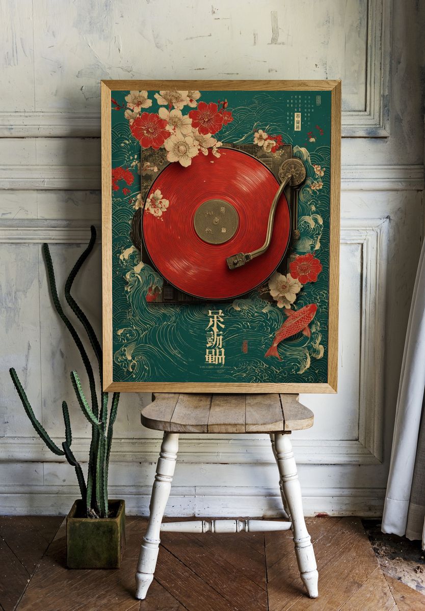 Koi Turntable Vintage Print. room preview