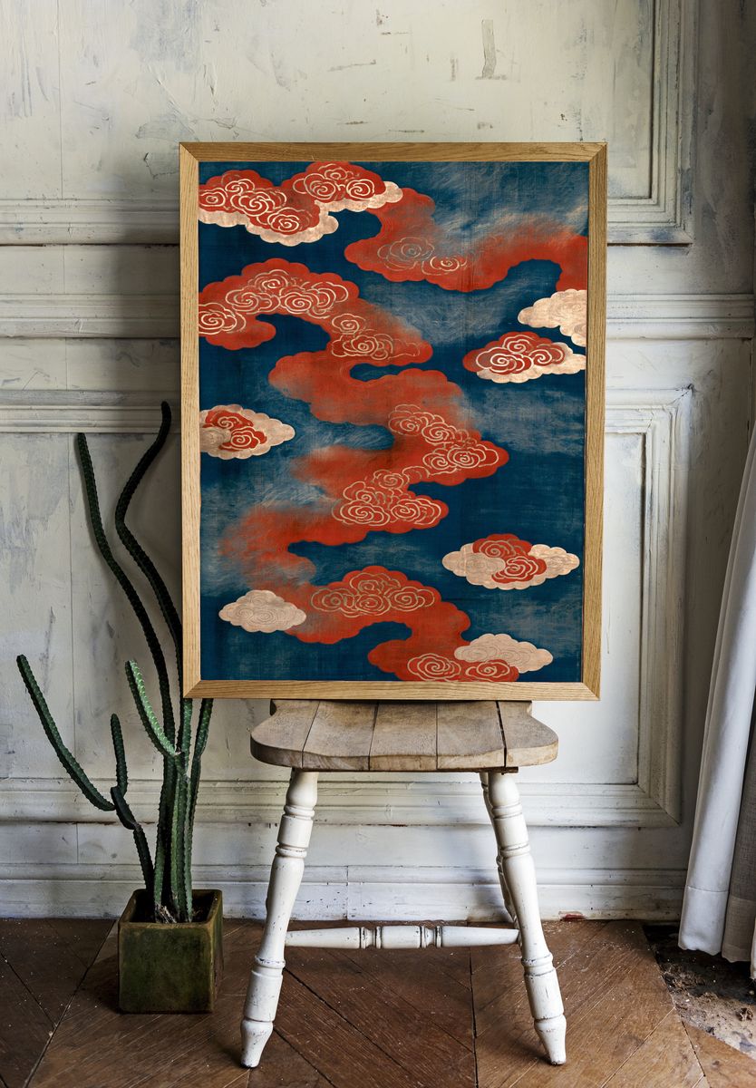 Red Cloud Pattern Vintage Print. — room view 1