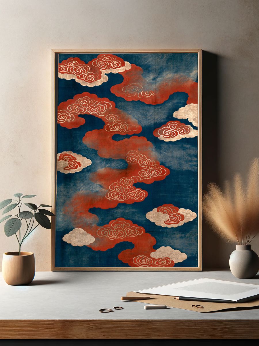 Red Cloud Pattern Vintage Print. — room view 2