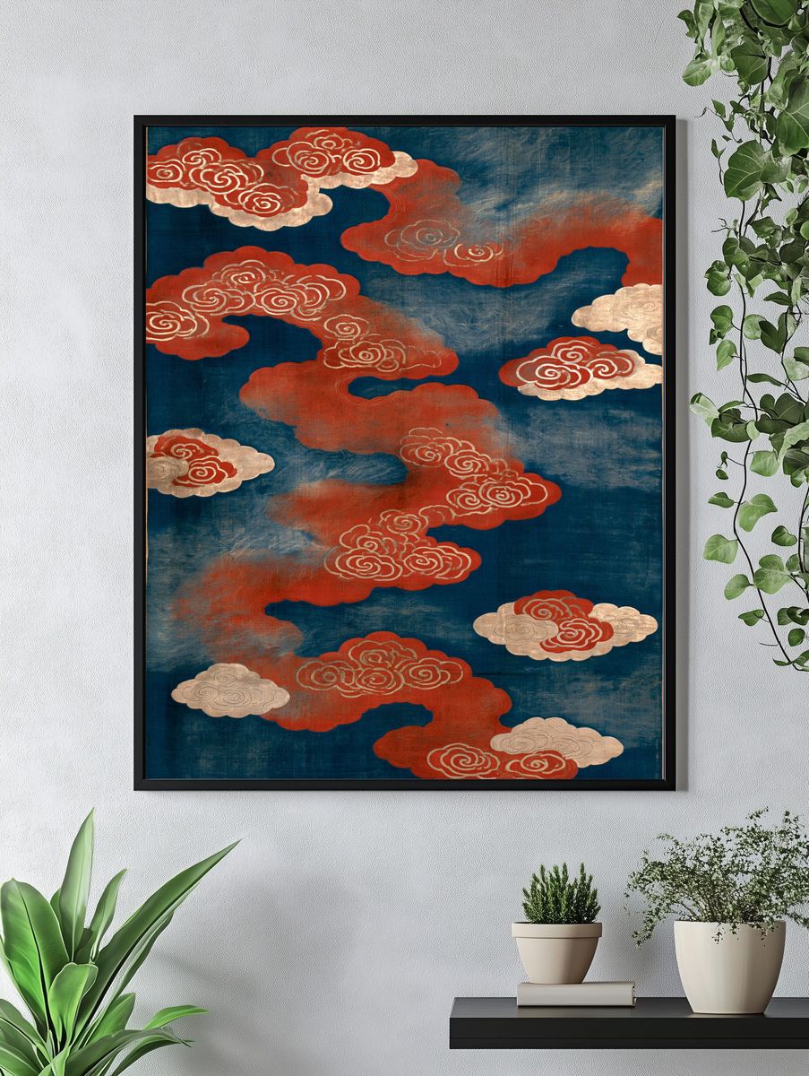 Red Cloud Pattern Vintage Print. — room view 4