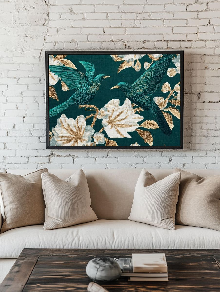 Emerald Birds and Florals Vintage Print room preview