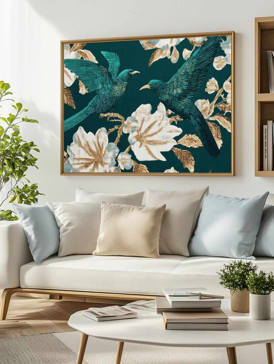 Emerald Birds and Florals Vintage Print. — room view 2