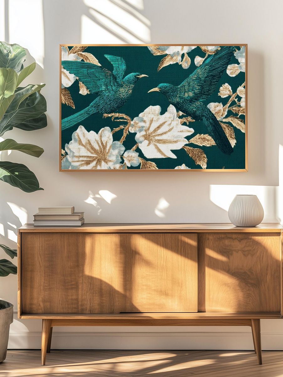 Emerald Birds and Florals Vintage Print. — room view 3
