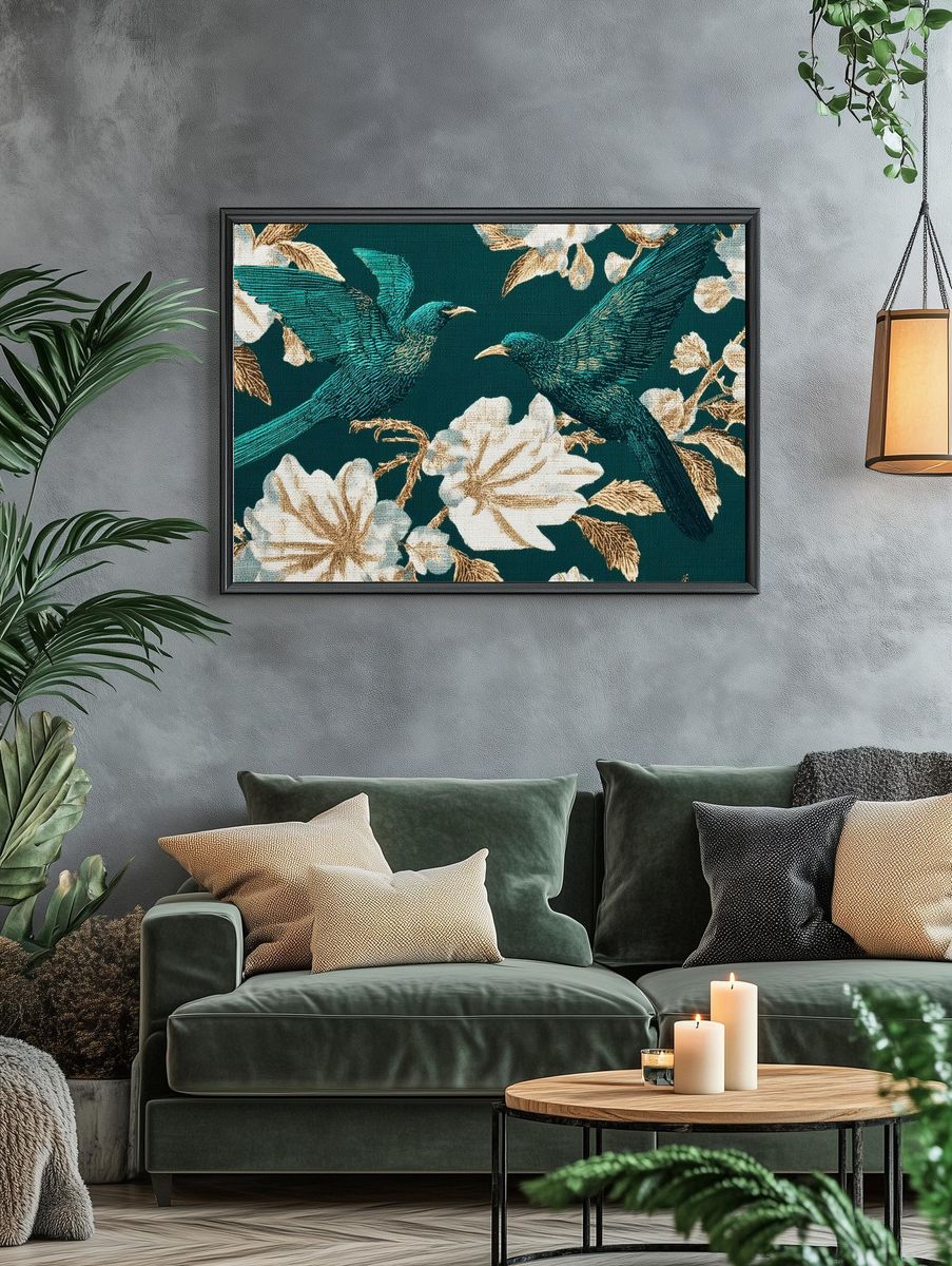 Emerald Birds and Florals Vintage Print. — room view 4