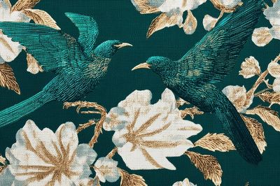 Emerald Birds and Florals Vintage Print
