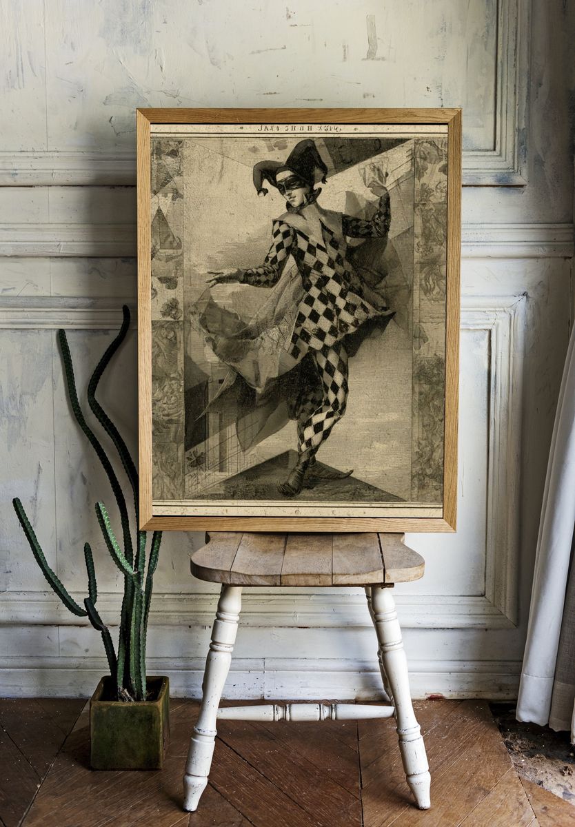 Harlequin Jester Vintage Print. room preview