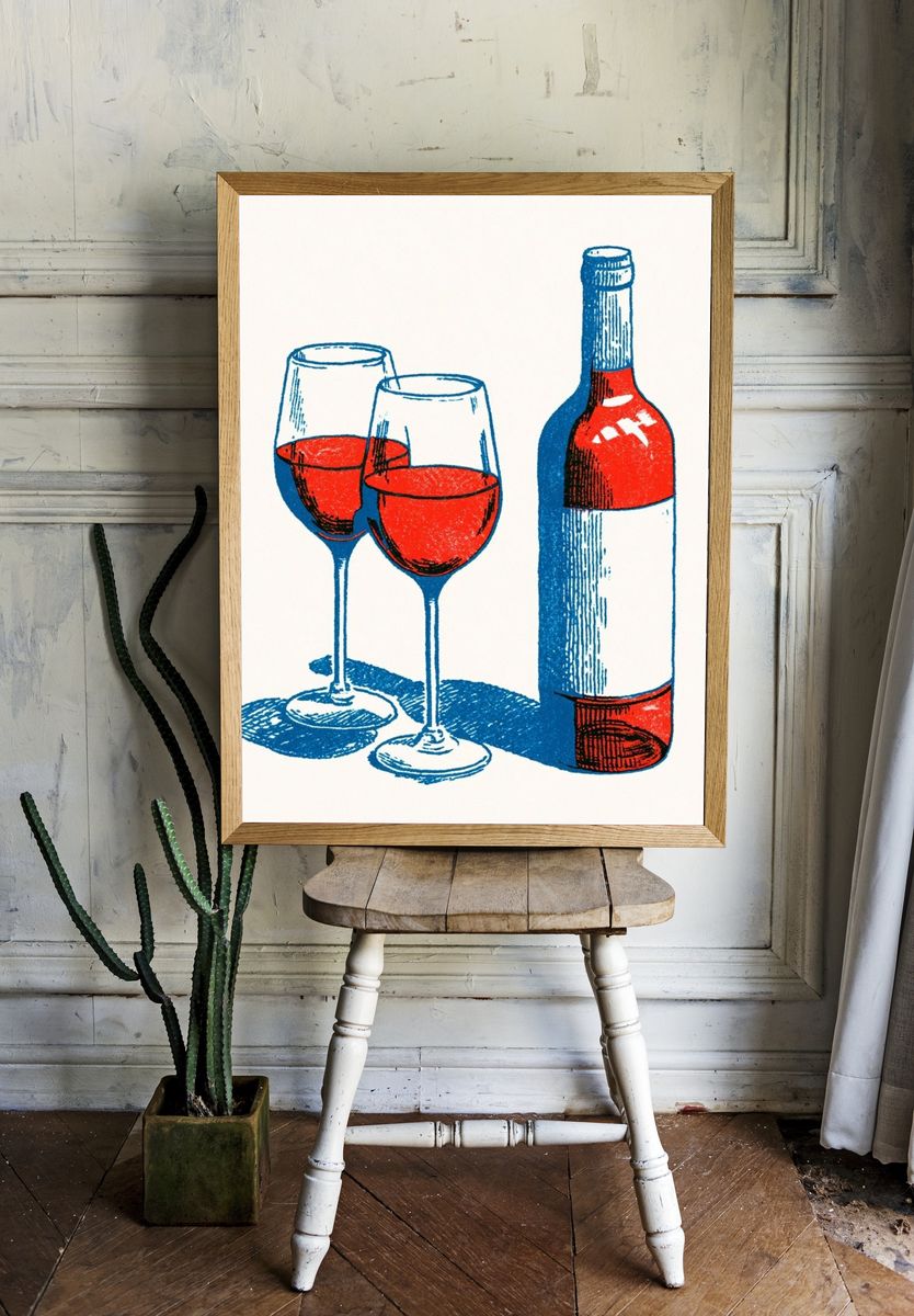 Wine Glasses and Bottle Vintage Print. — room view 1