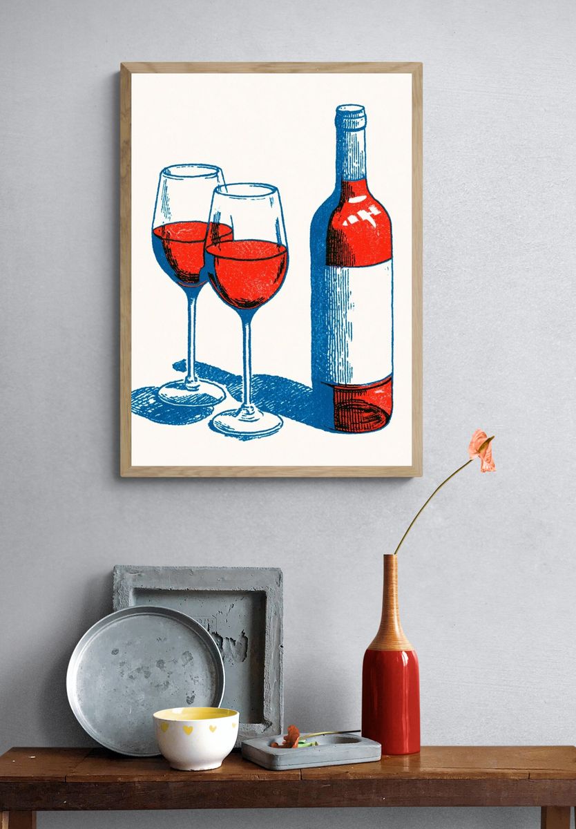 Wine Glasses and Bottle Vintage Print. — room view 3