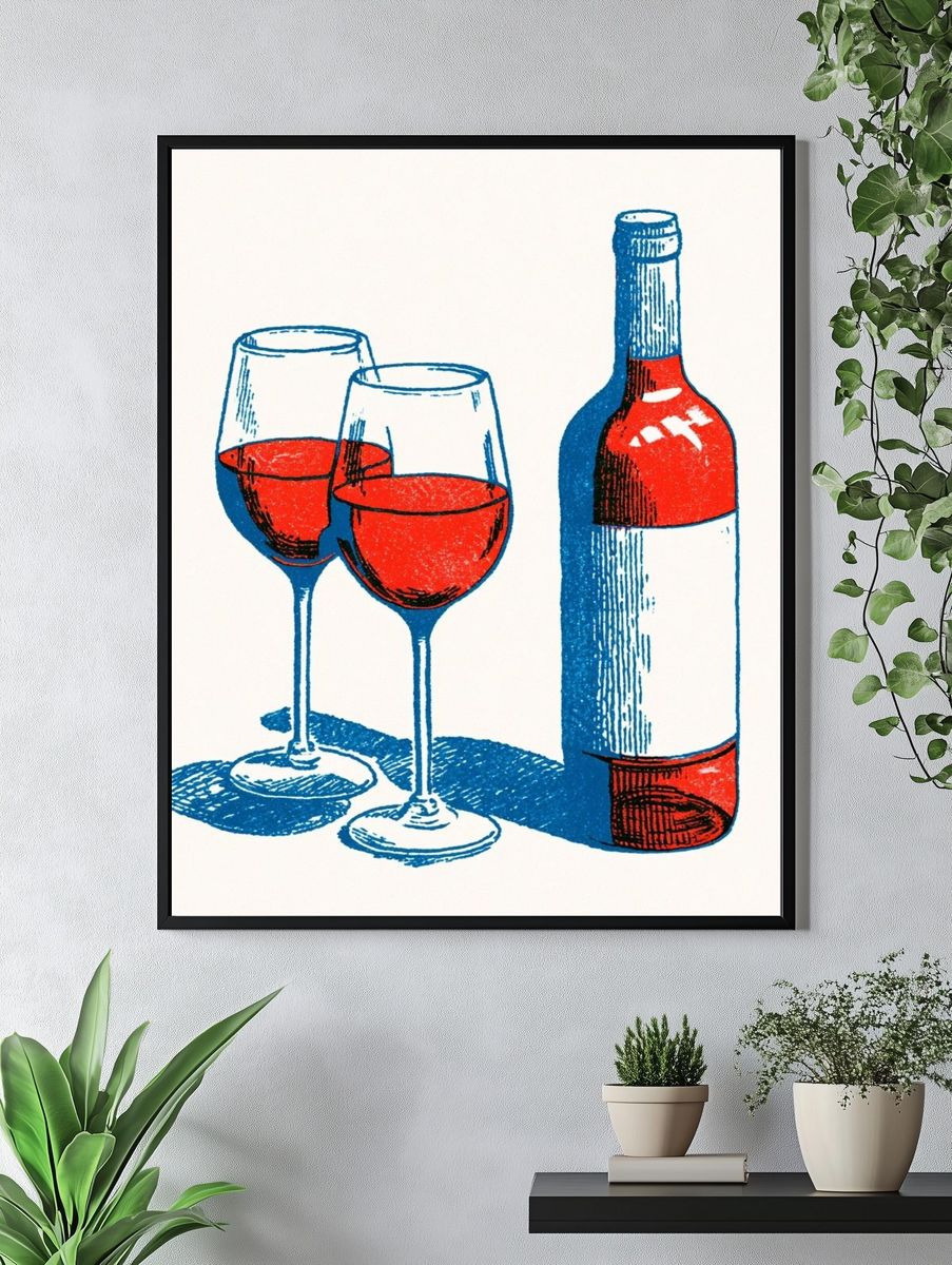 Wine Glasses and Bottle Vintage Print. — room view 4