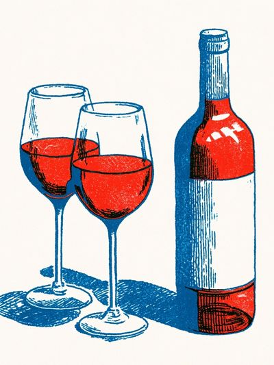 Wine Glasses and Bottle Vintage Print.