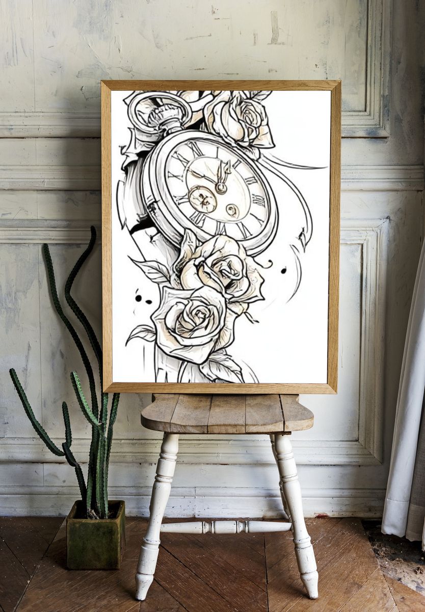 Vintage Clock and Roses Print. — room view 1