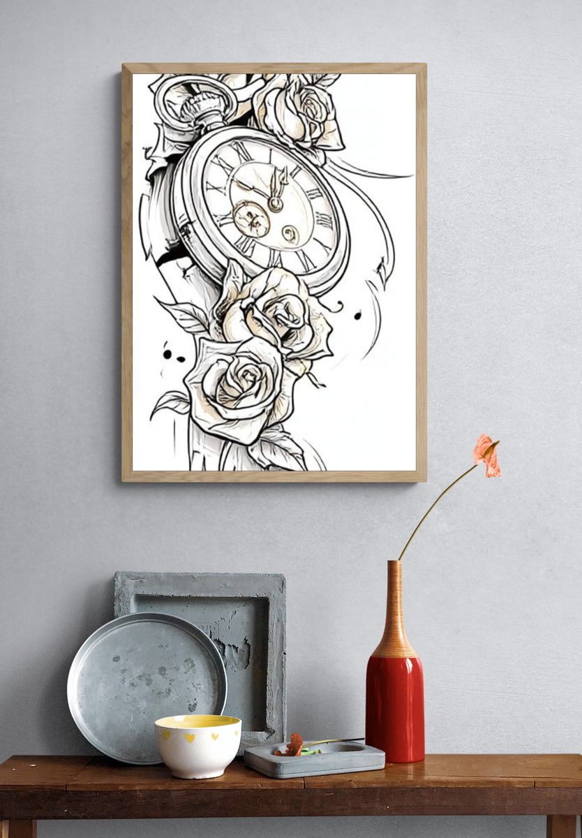 Vintage Clock and Roses Print. — room view 3
