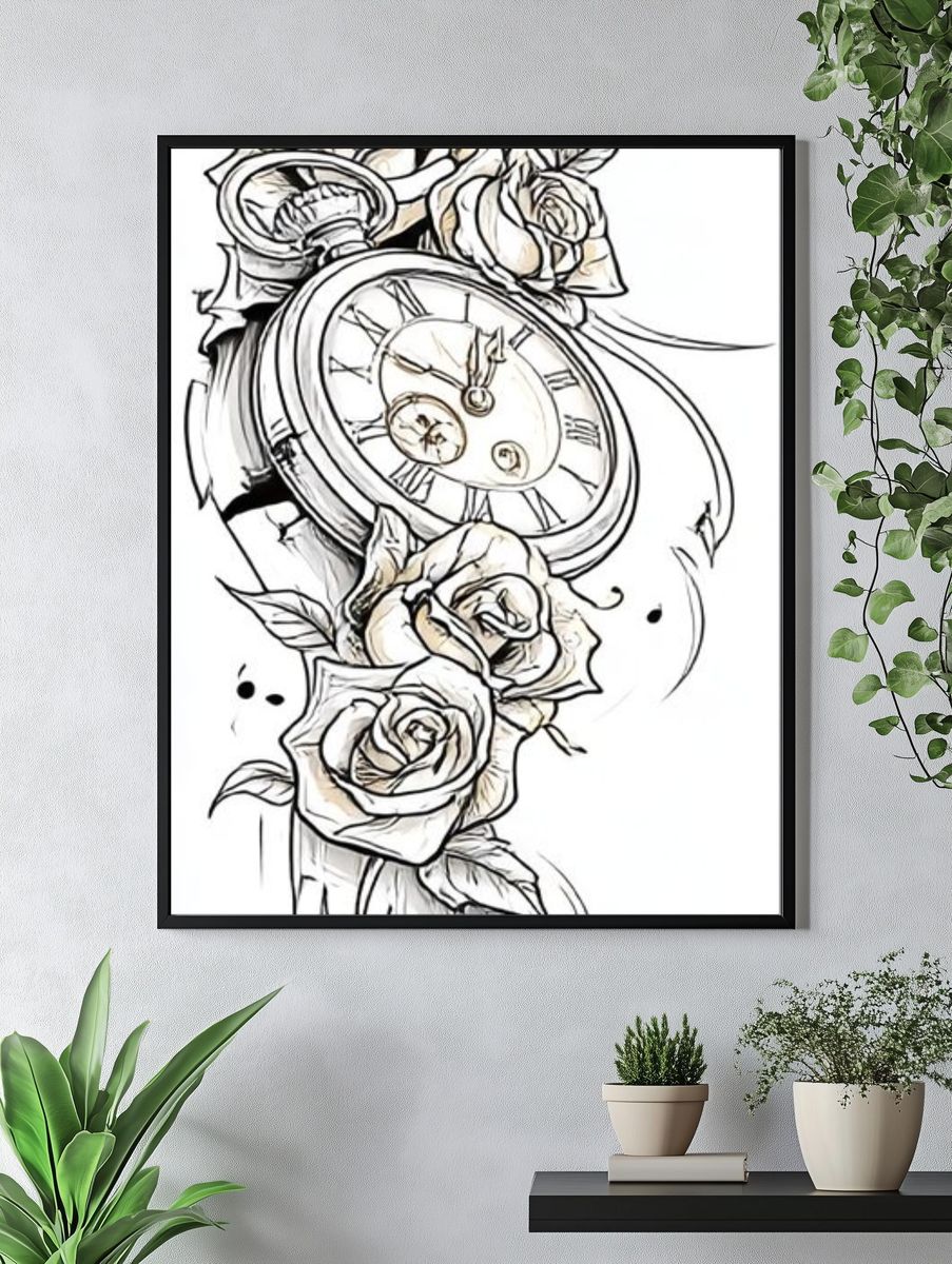 Vintage Clock and Roses Print. — room view 4