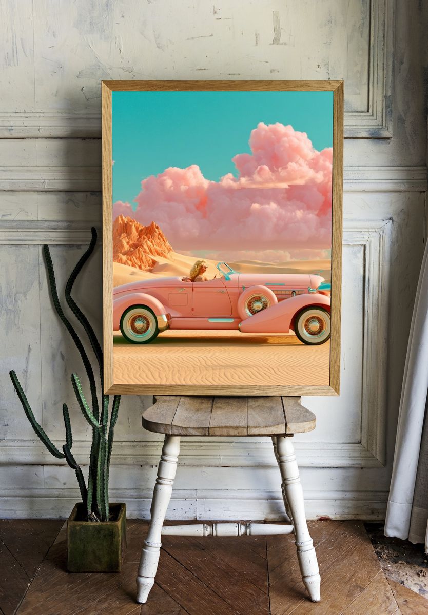 Pink Vintage Convertible Desert Poster. room preview