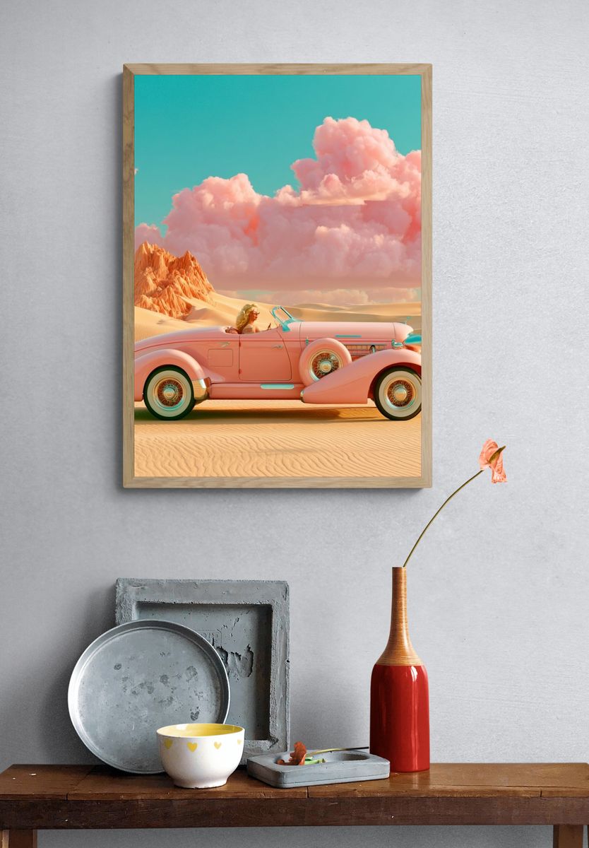 Pink Vintage Convertible Desert Poster. — room view 3