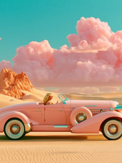 Pink Vintage Convertible Desert Poster. poster