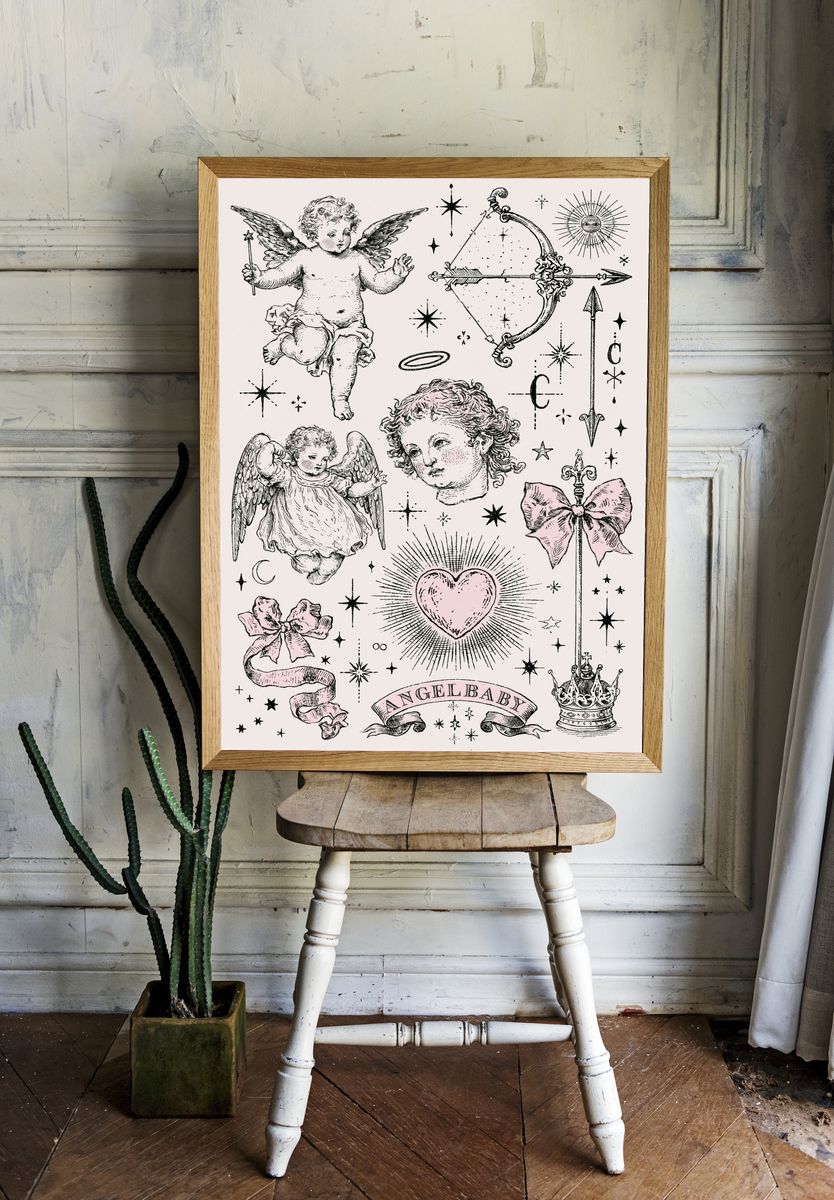Cherub Angel Baby Vintage Print. room preview