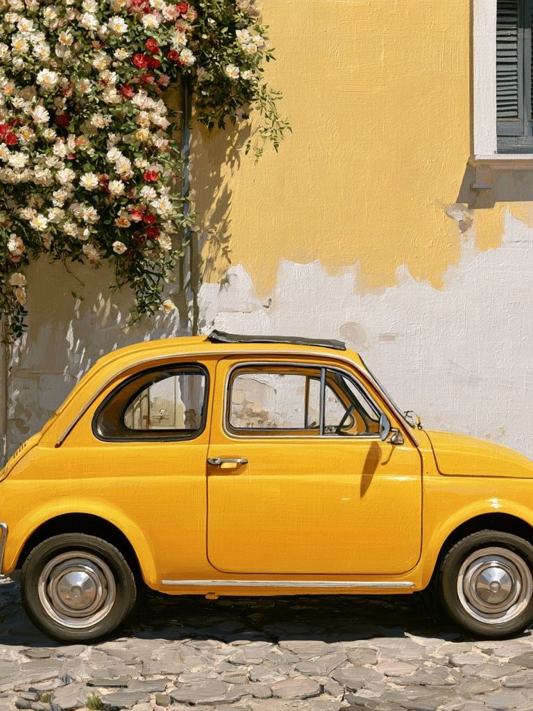 Yellow Vintage Car Street Poster. poster detail