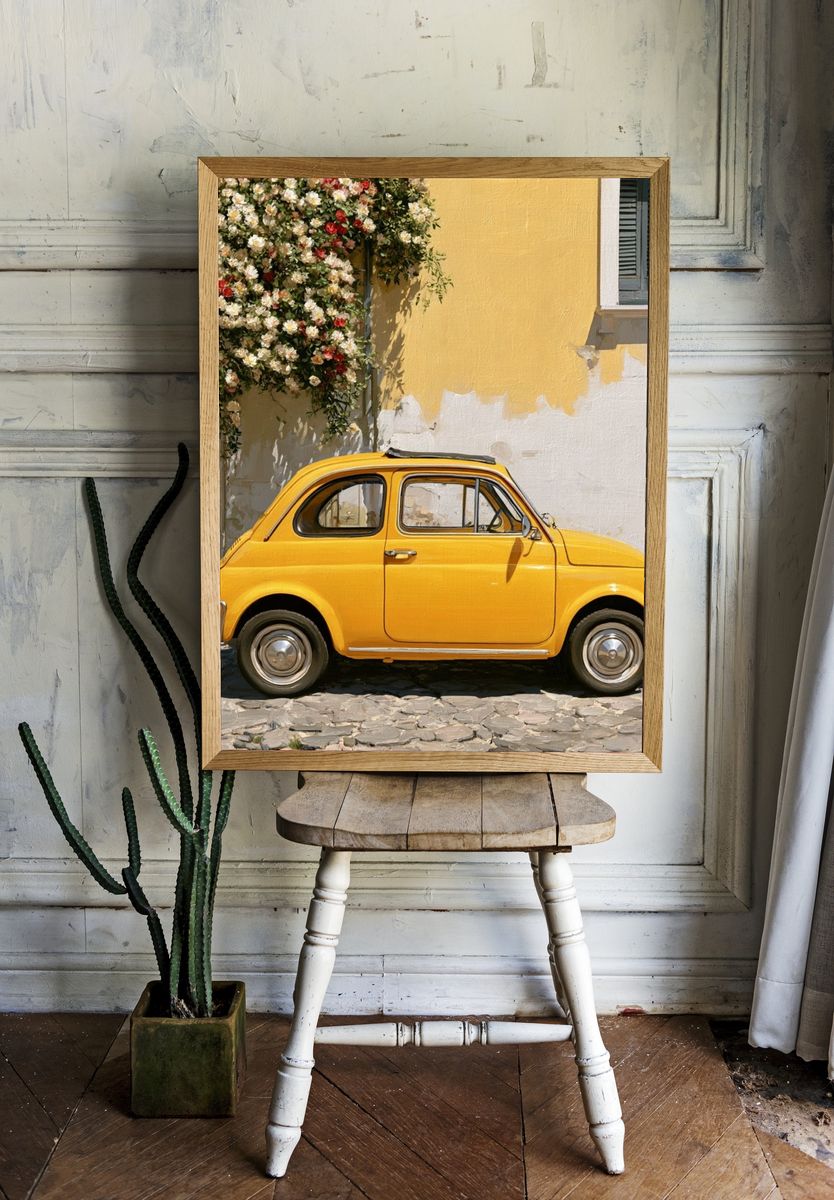Yellow Vintage Car Street Poster. room preview