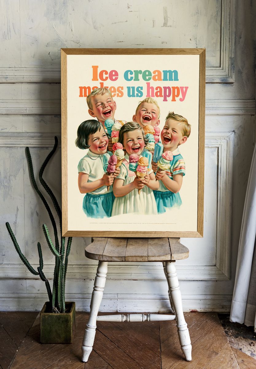 Ice Cream Makes Us Happy Vintage Poster. room preview