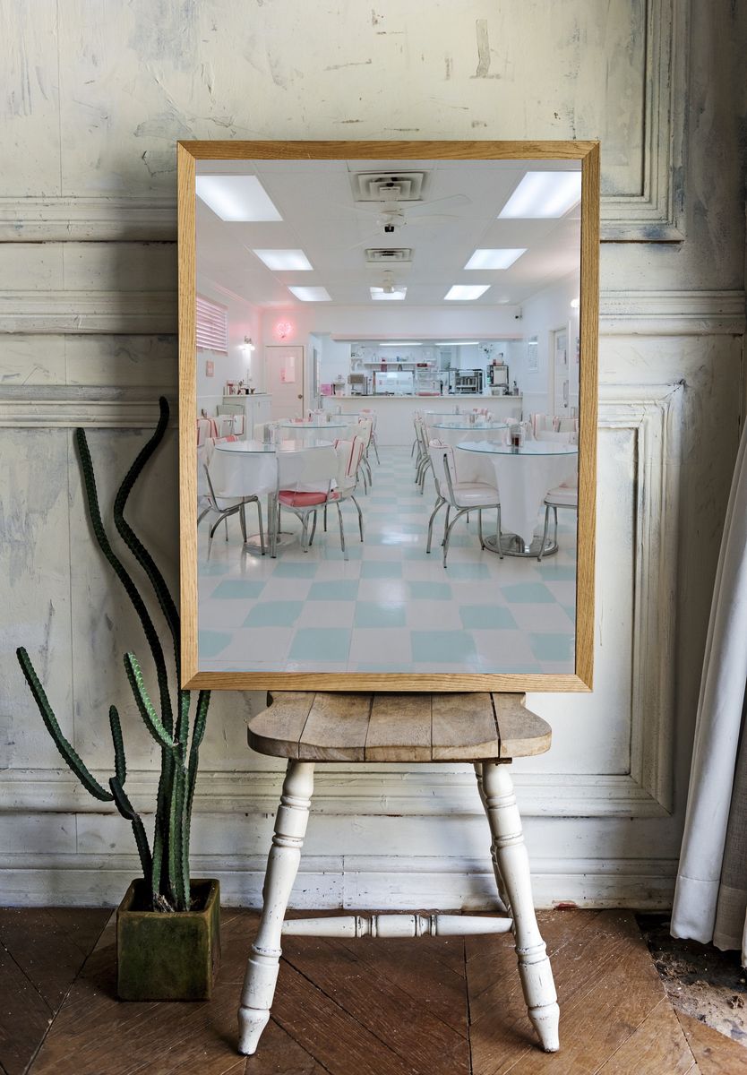 Pastel Retro Diner Interior Print. room preview