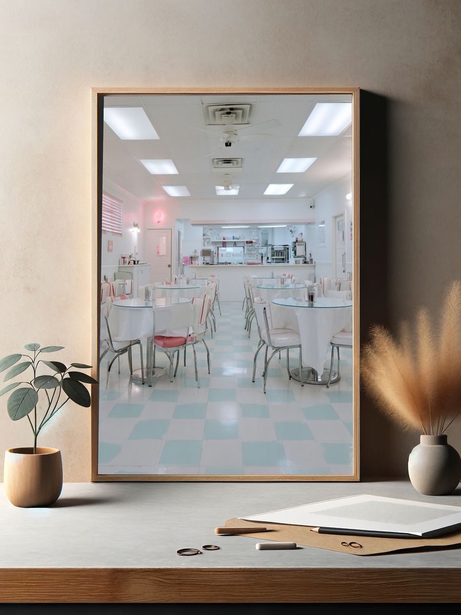 Pastel Retro Diner Interior Print. — room view 2