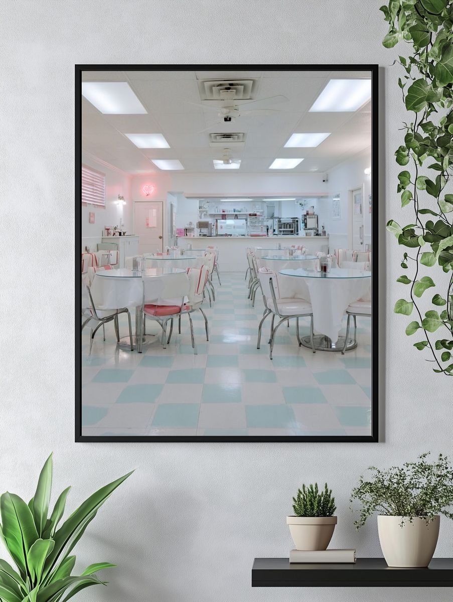 Pastel Retro Diner Interior Print. — room view 4