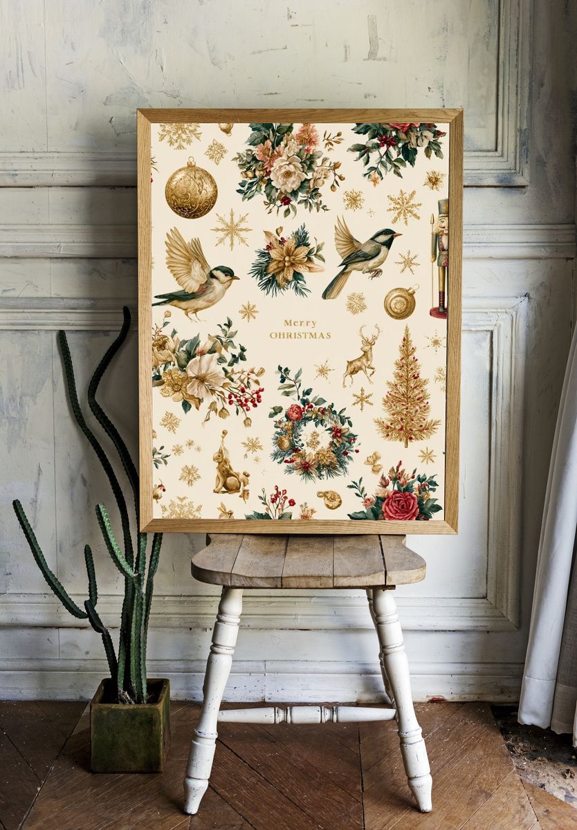 Christmas Floral Birds Print. — room view 1