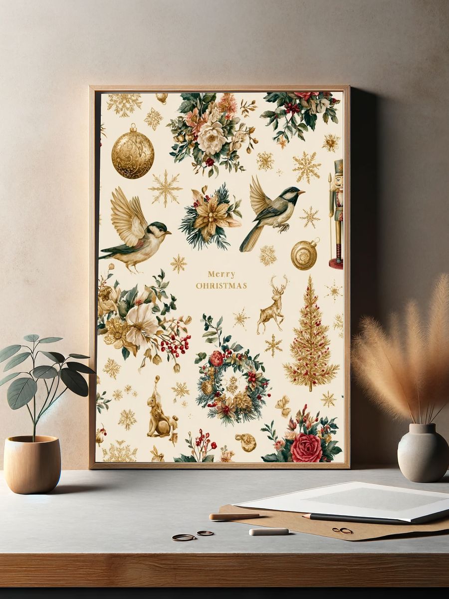 Christmas Floral Birds Print. — room view 2