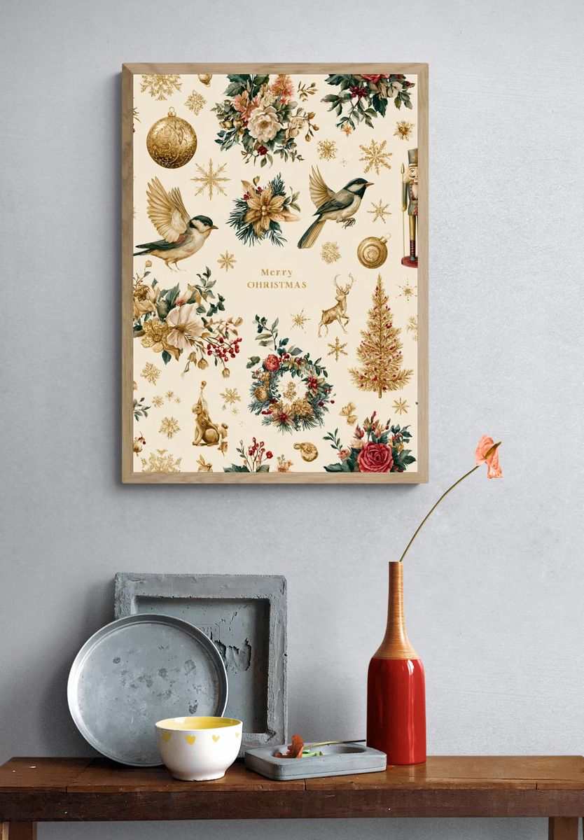 Christmas Floral Birds Print. — room view 3