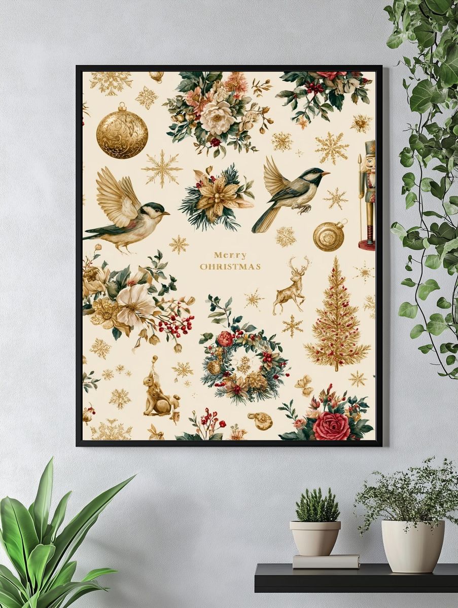 Christmas Floral Birds Print. — room view 4
