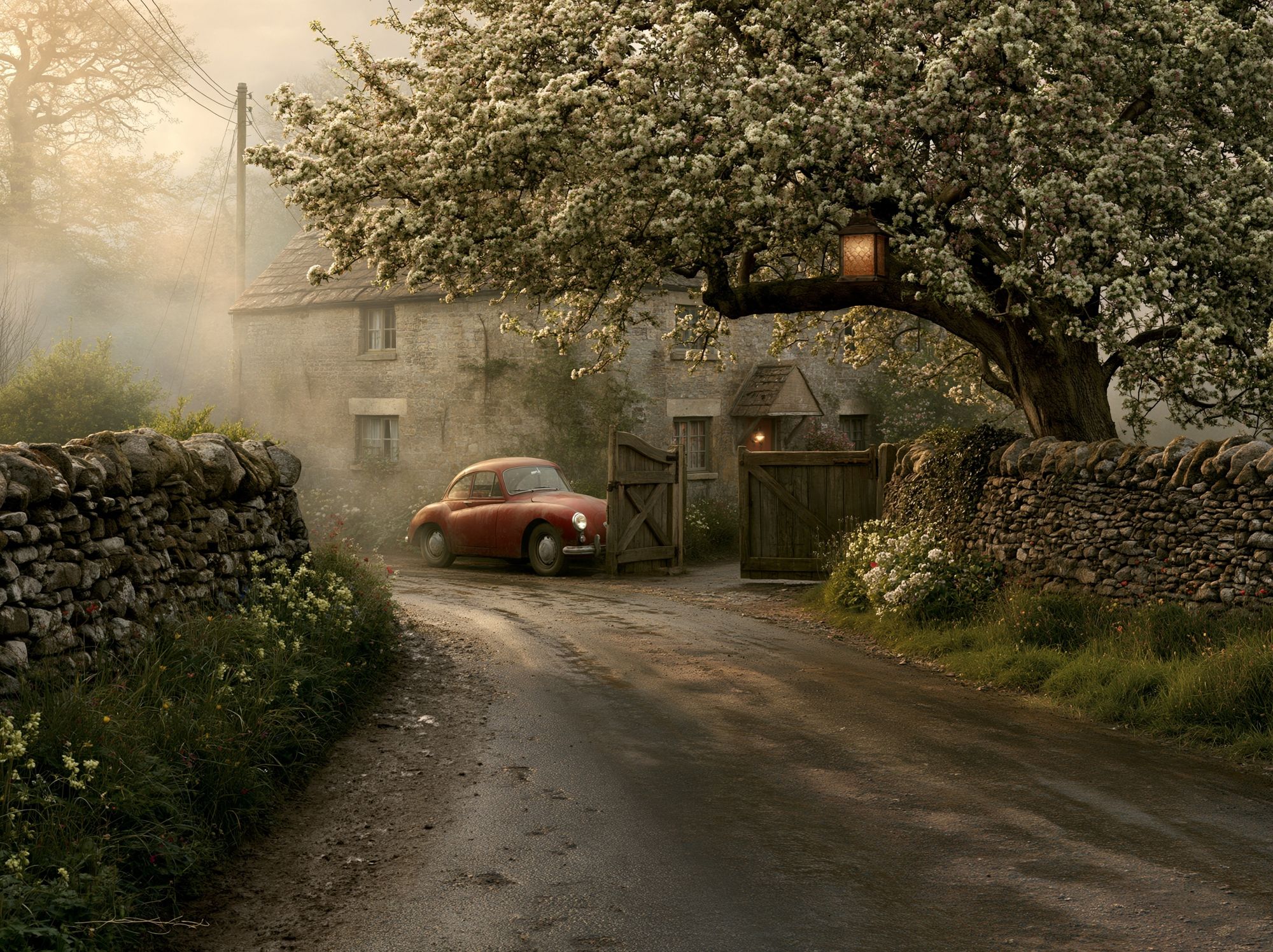 Countryside Cottage Drive Vintage Poster. poster detail