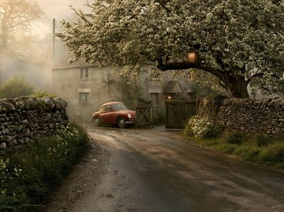 Countryside Cottage Drive Vintage Poster. poster