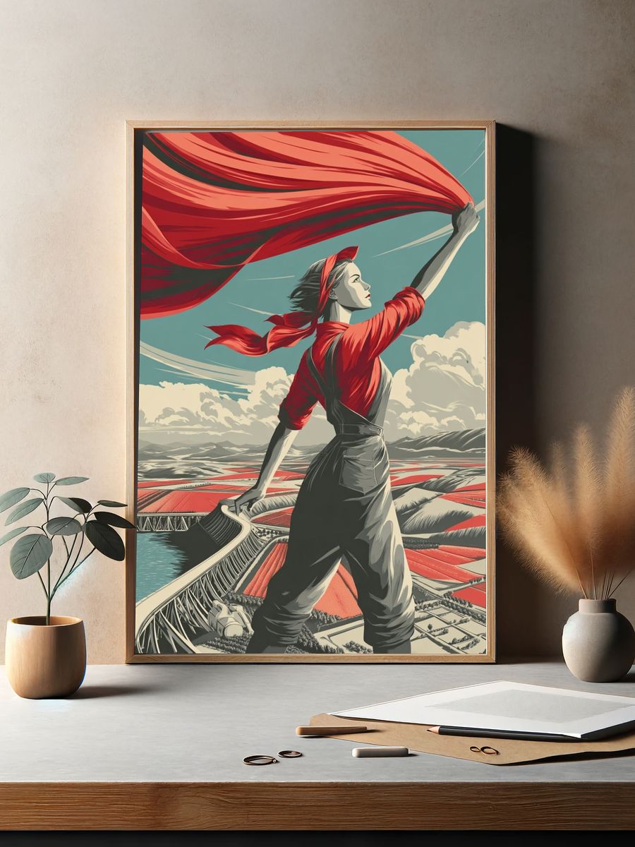 Red Banner Worker Vintage Poster. — room view 2