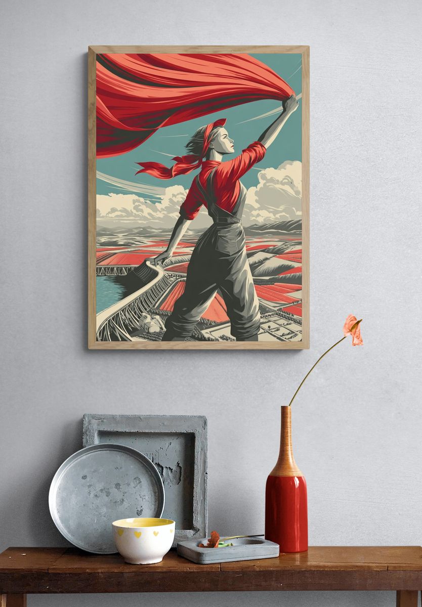 Red Banner Worker Vintage Poster. — room view 3